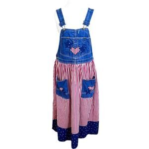 Vintage OshKosh BGosh American Flag Womens Overalls Dress Jumper Bibs Size L USA
